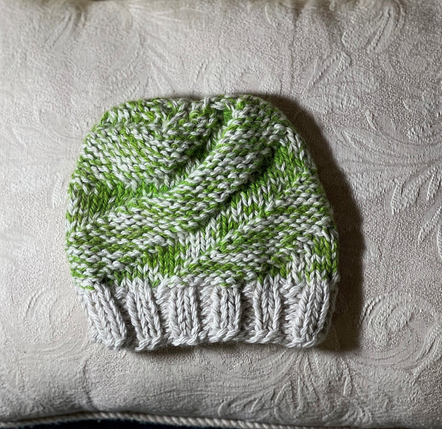HC-Toddler/Child Hand Knit Hat-Green/Cream