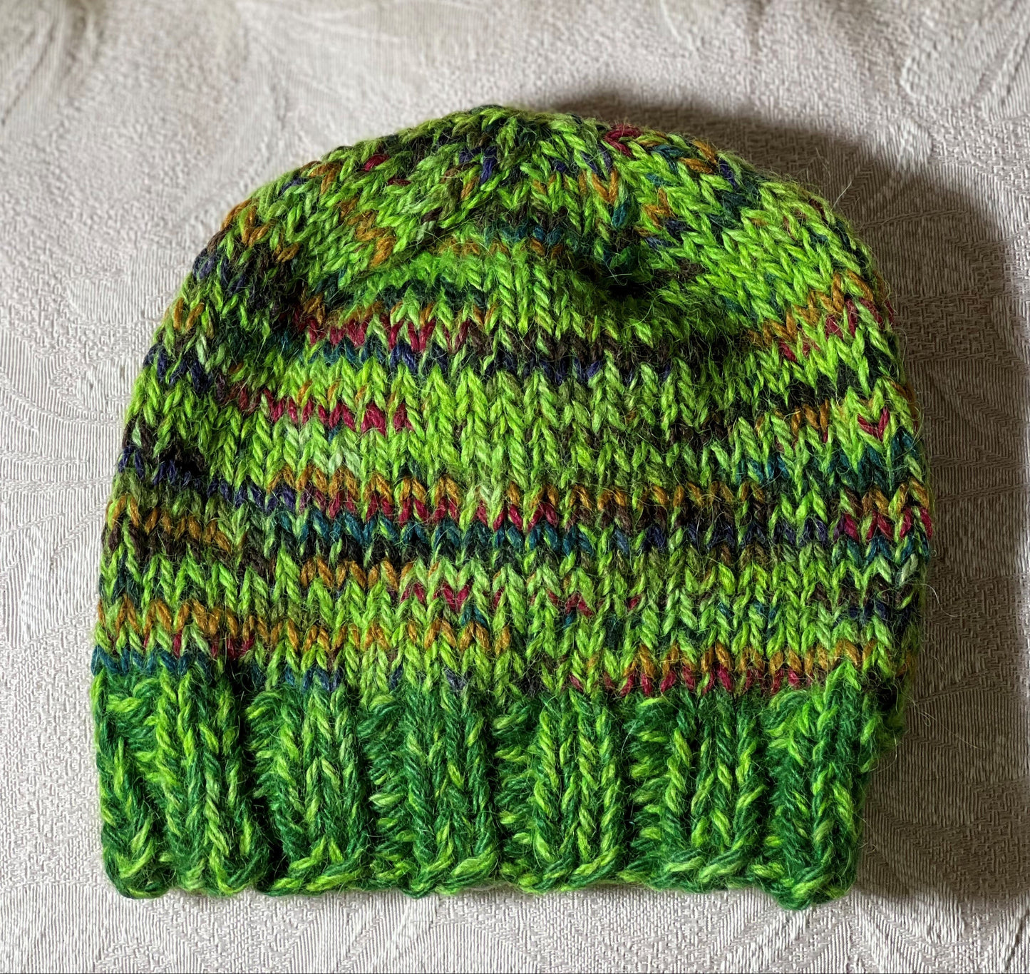 HC-Toddler/Child Hand Knit Hat-Green+Multi